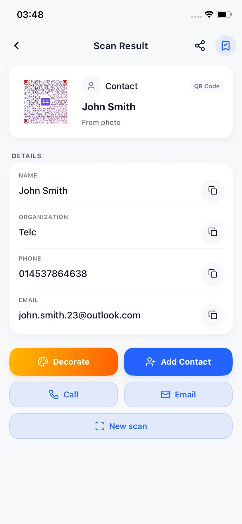 TinyQR Contact vCard Scan Result
